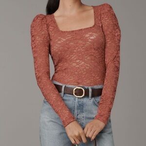 Anthropologie Effortless Regency Puff-Sleeve Sheer Long Sleeve Lace Top Size XS